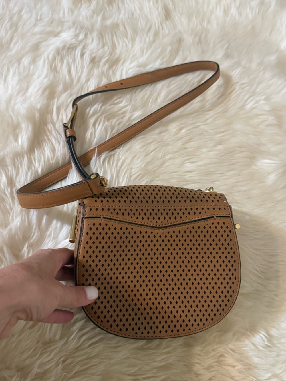 Sandro Yza Perforated Leather Crossbody Bag Camel Tan - Picture 8 of 9